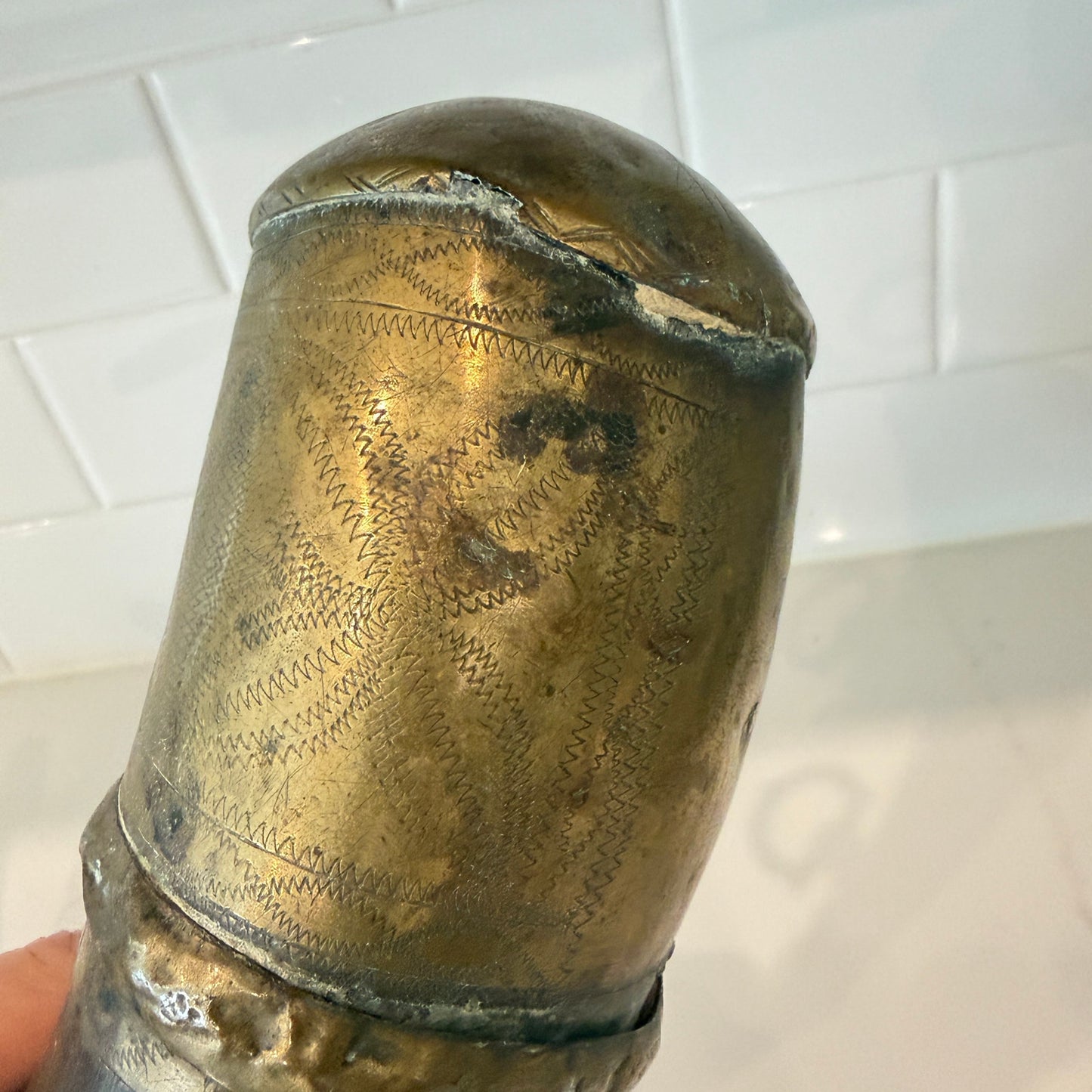 Antique Decorated Brass Gun Powder Horn North African Circa 18th-19th Century