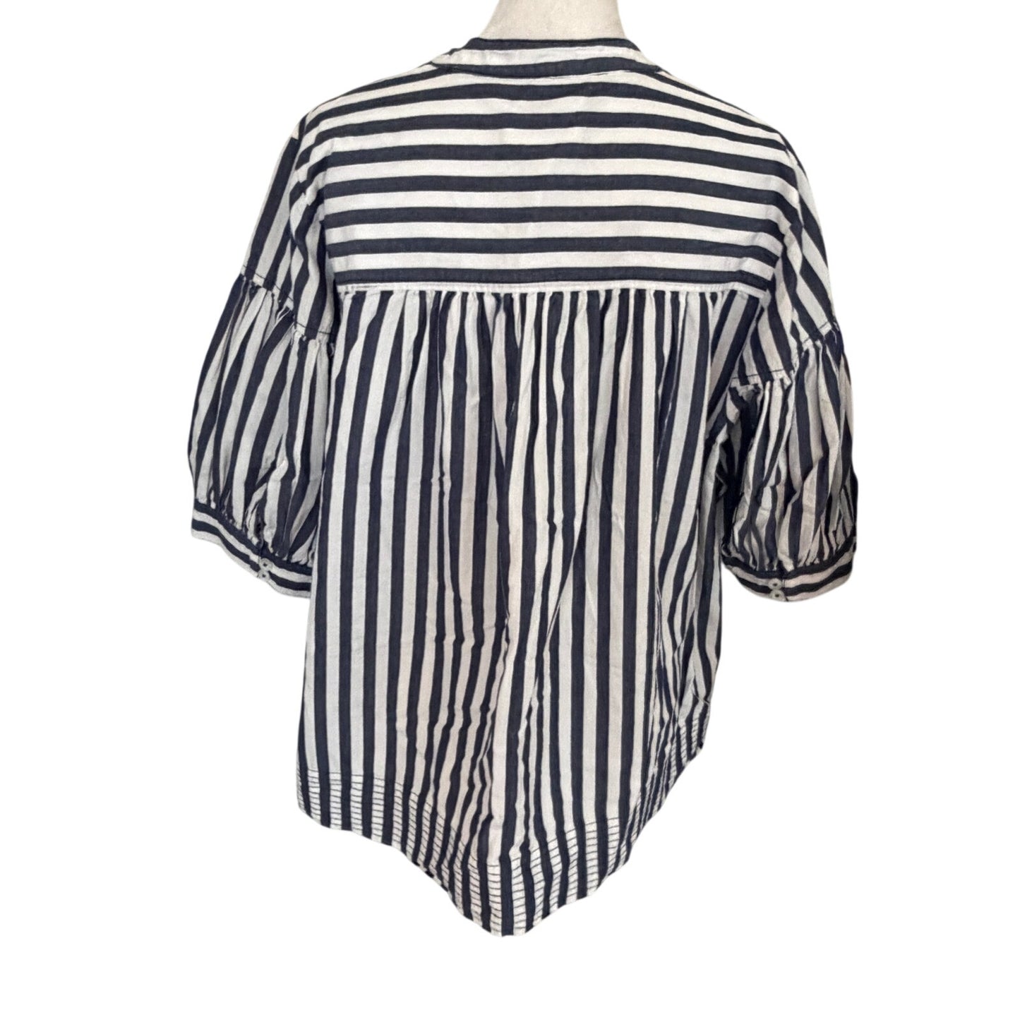 Anthropologie Blue and White Striped Puff Sleeve Top Womens Size Large