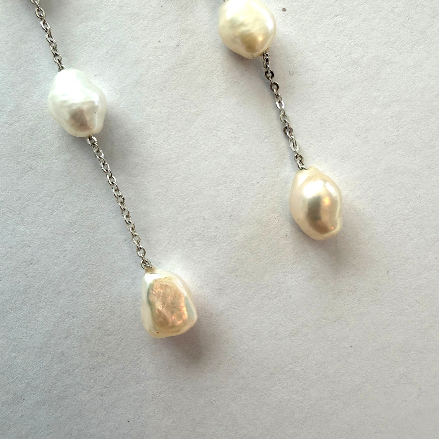 Silver Tone and Pearl 3.5" Long Drop Earrings 4 Pearls