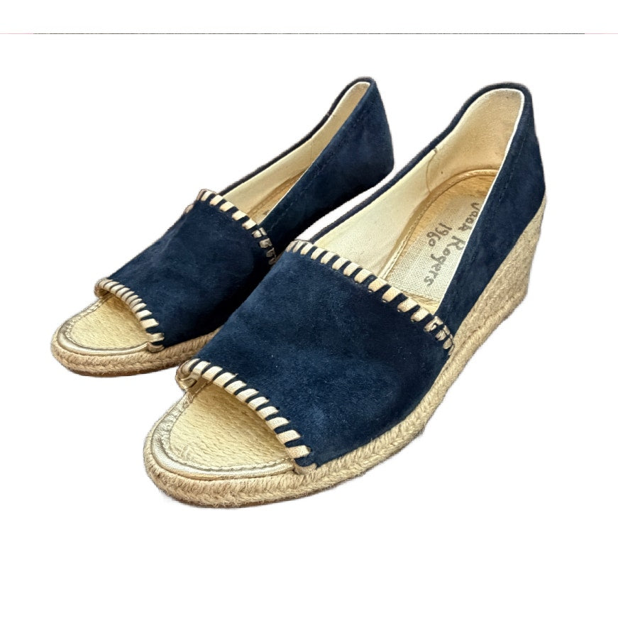 Jack Rogers Naby Blue Suede Gold Trim Open toe Wedge Espadrille Womens Size 7