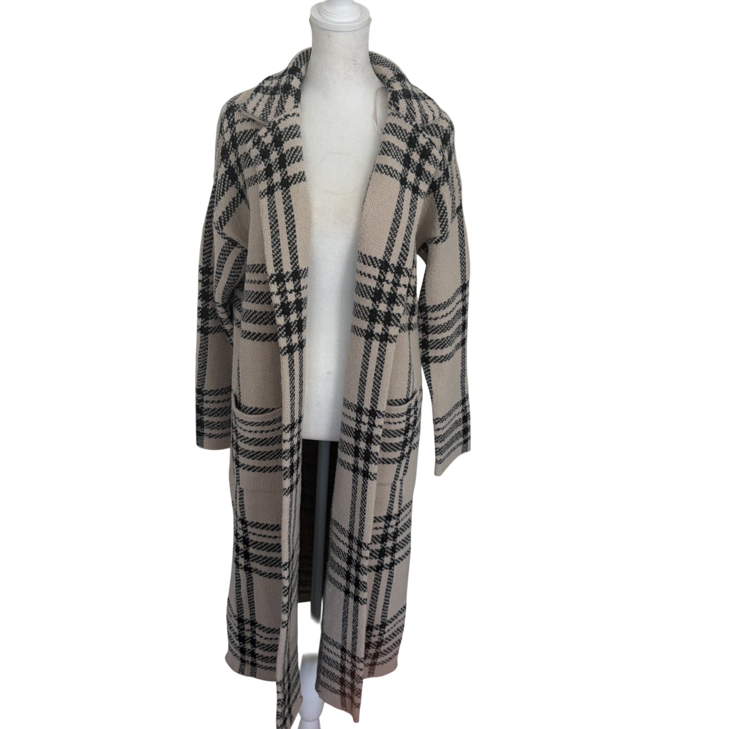 Sincerely Jules Tan and Black Plaid Long Cardigan Jacket Coat Womens Size Small