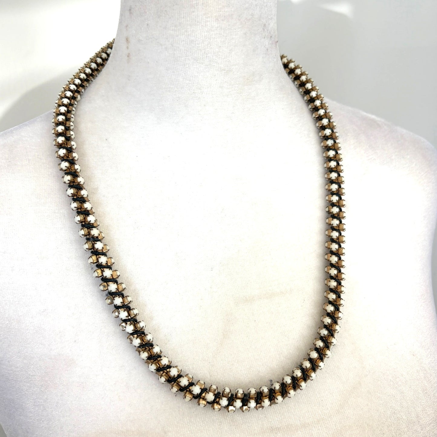 Anthropologie Vintage Bronze Tone and White Bead Stone 3D Statement Necklace