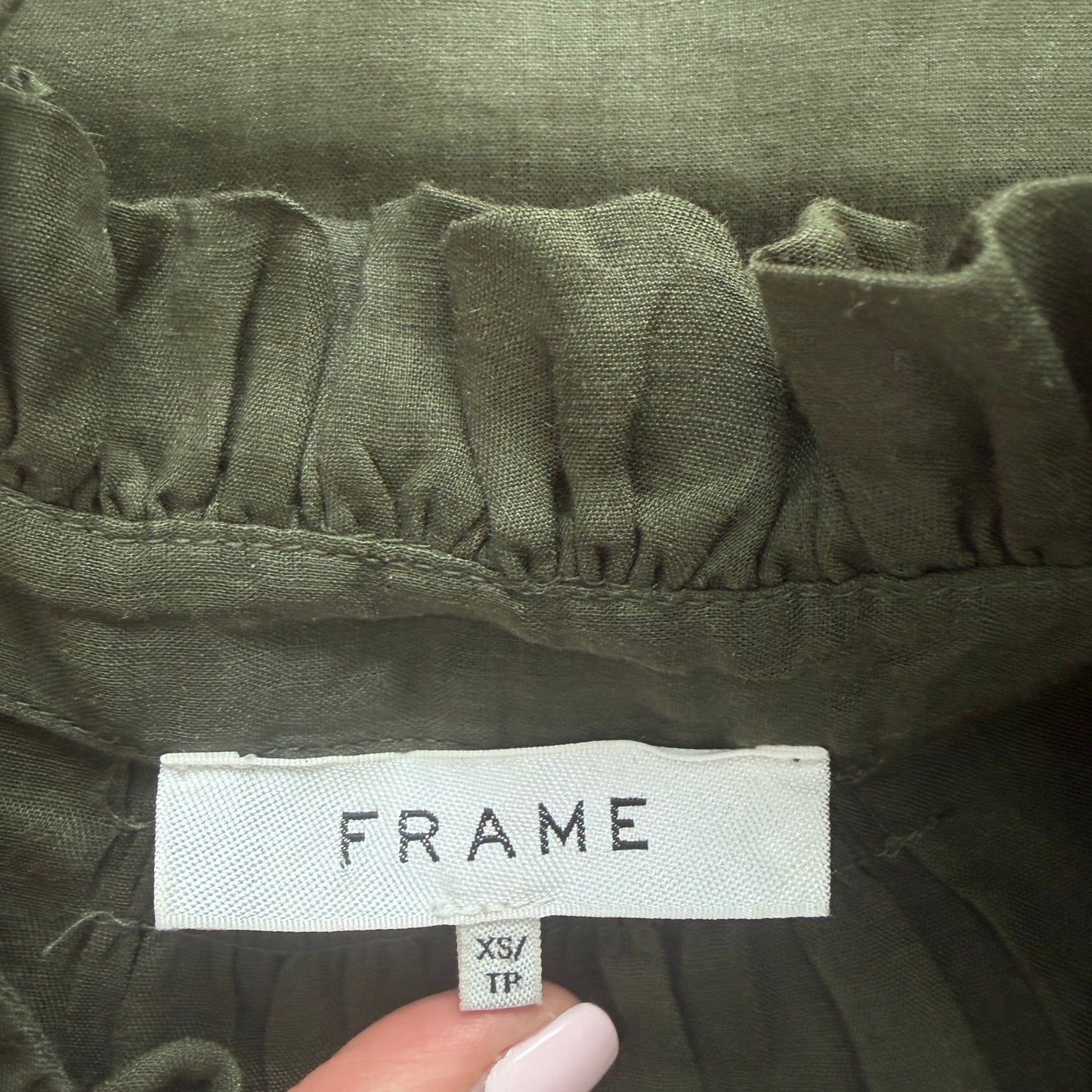 Frame Dark Olive Green High Neck Flutter Sleeve Ruffle Top Blouse Womens Size XS
