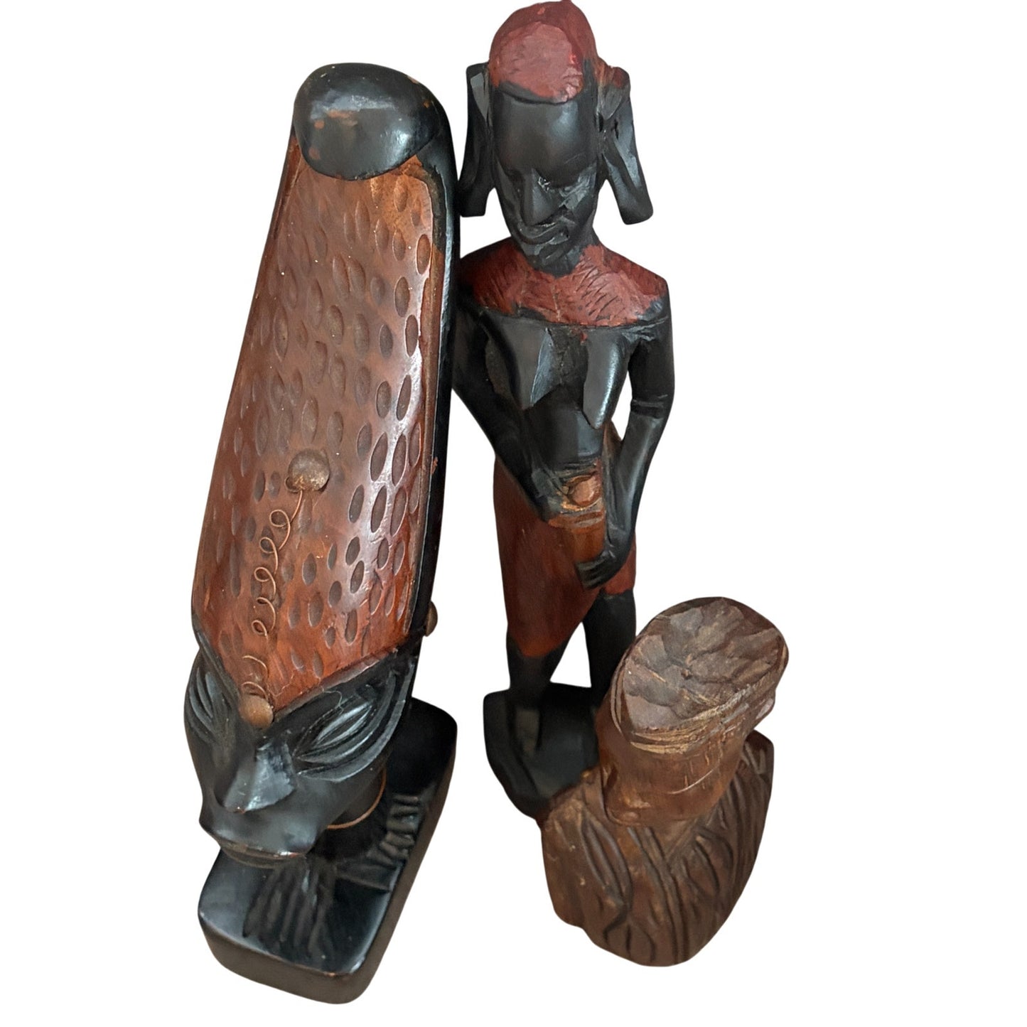 Vintage African Tribal Hand Carved Wooden Statue Figure 12" and 7" LOT of 3
