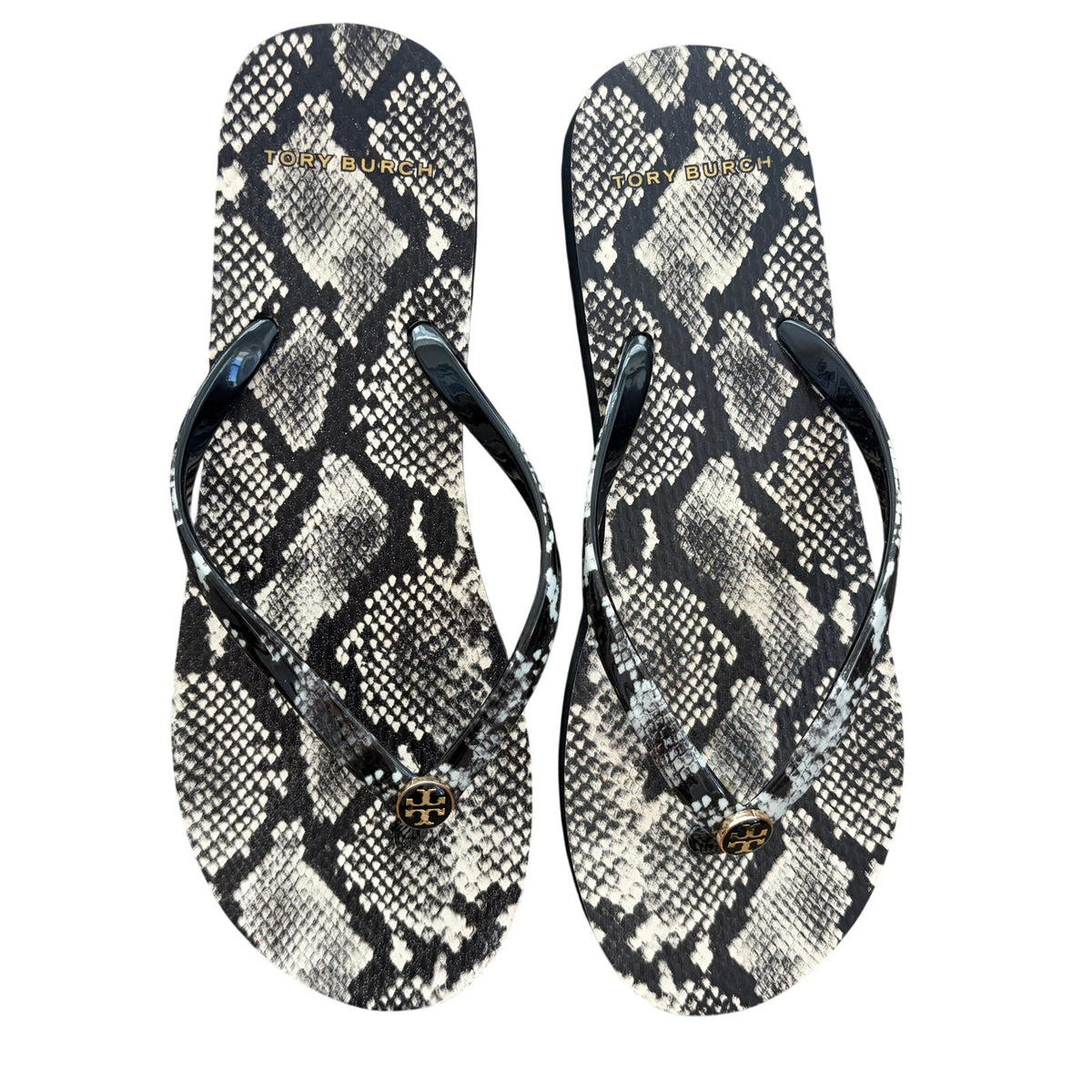 Tory Burch Black Ivory Snakeskin Print Flip Flop Thong Sandals Womens Size 7.5