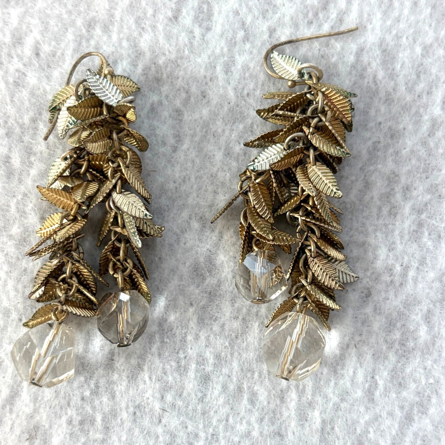 Anthropologie Gold Leaf Dangle Drop Earrings with Crystal Accents