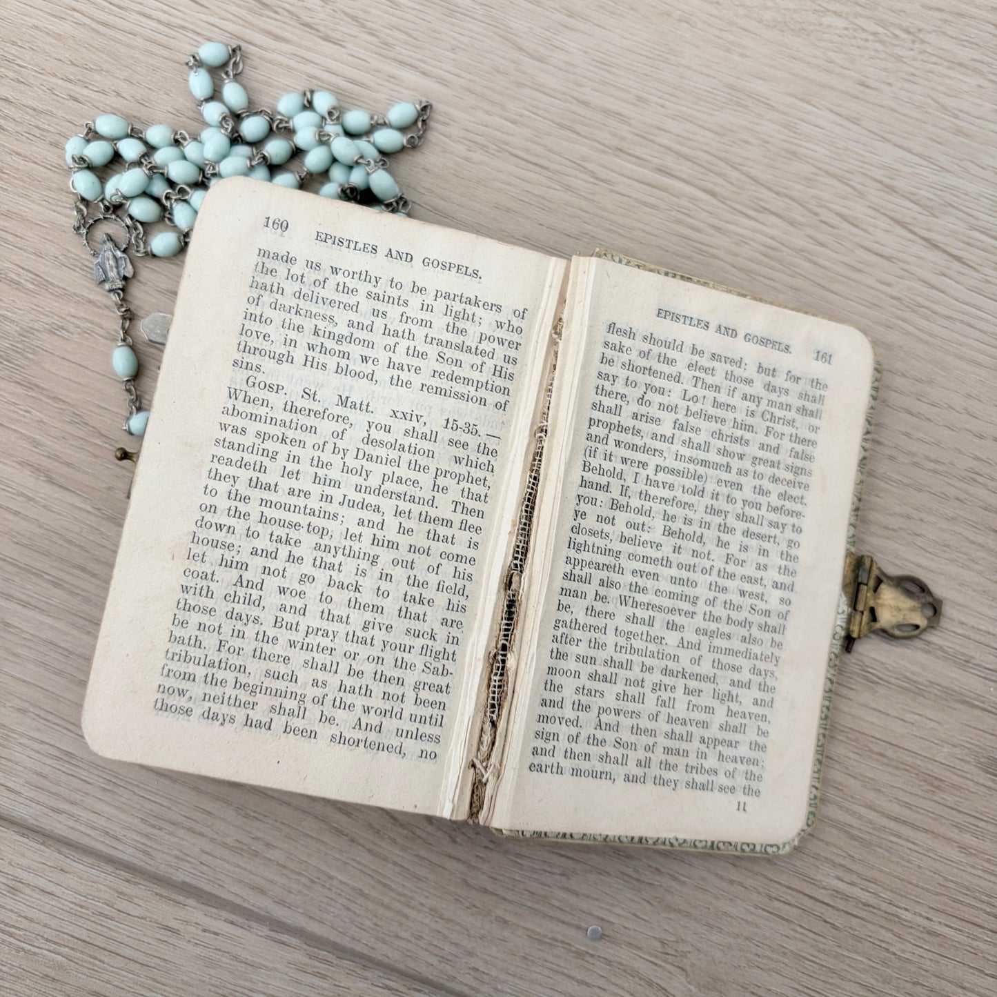 Antique German Remembrance of 1st Holy Communion Prayer Book, Blue Rosary Beads