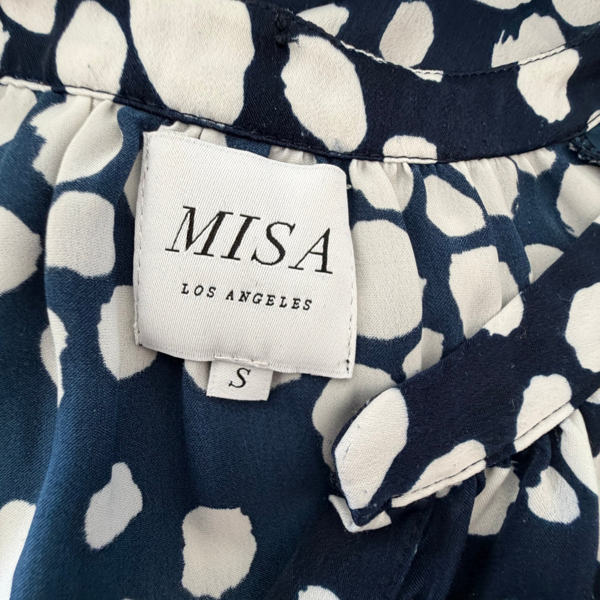 Misa Los Angeles Navy Blue and White Spotted Short Sleeve Top Blouse Size Small