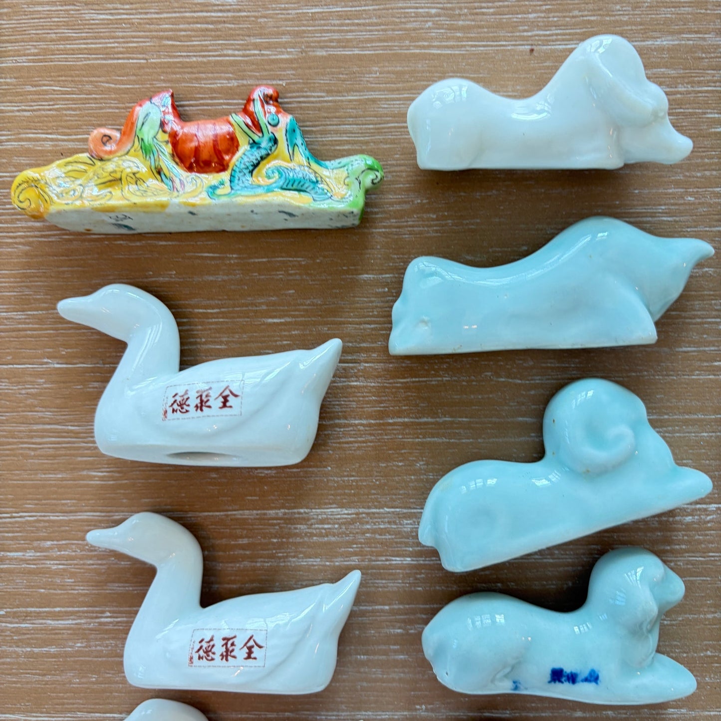 LOT 27 Vintage Chinese Chop Stick Rests Holders White Ducks, Light Blue Zodiac