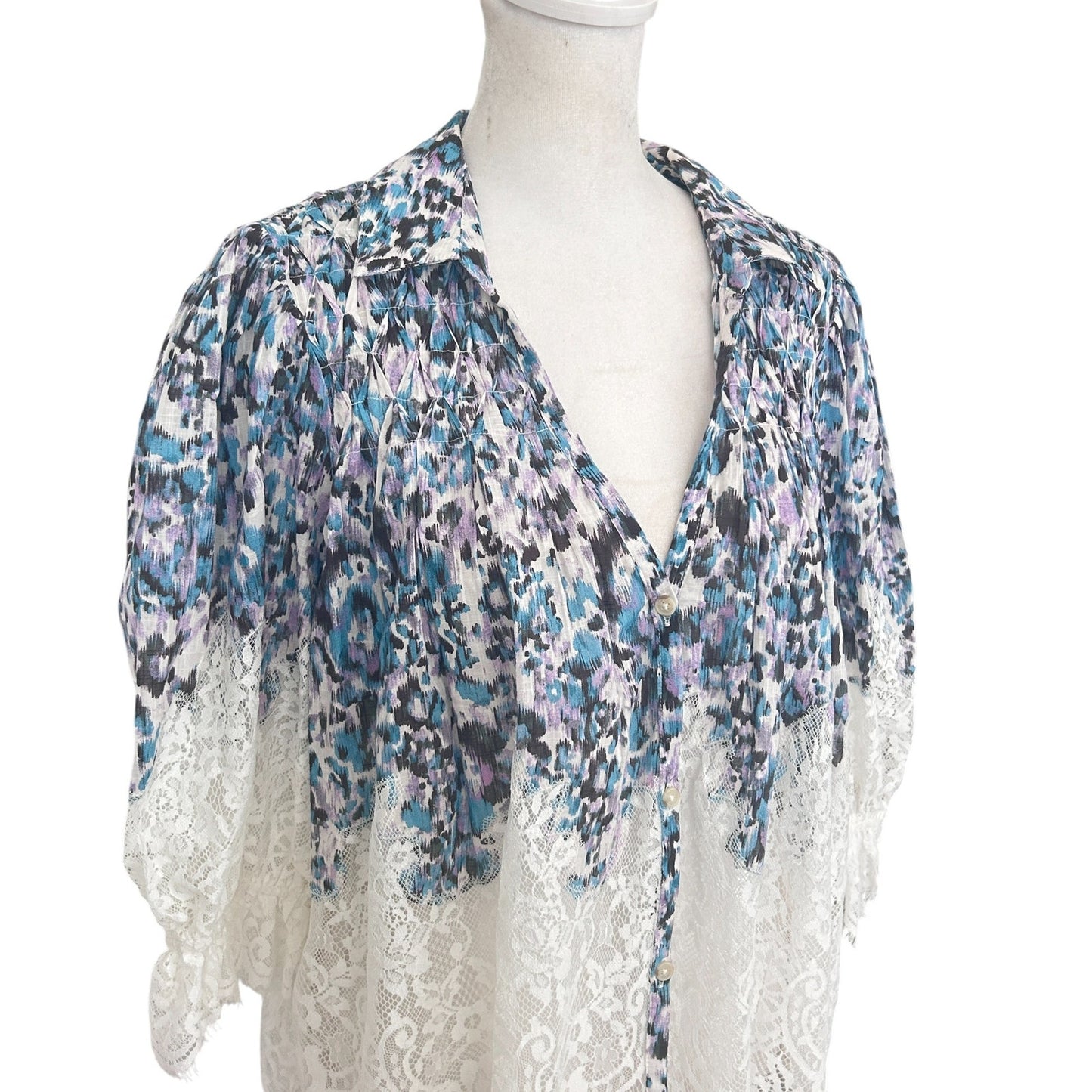 Anthropologie Purple, Blue, Black Animal Print Lace Boho Top Womens Size Medium