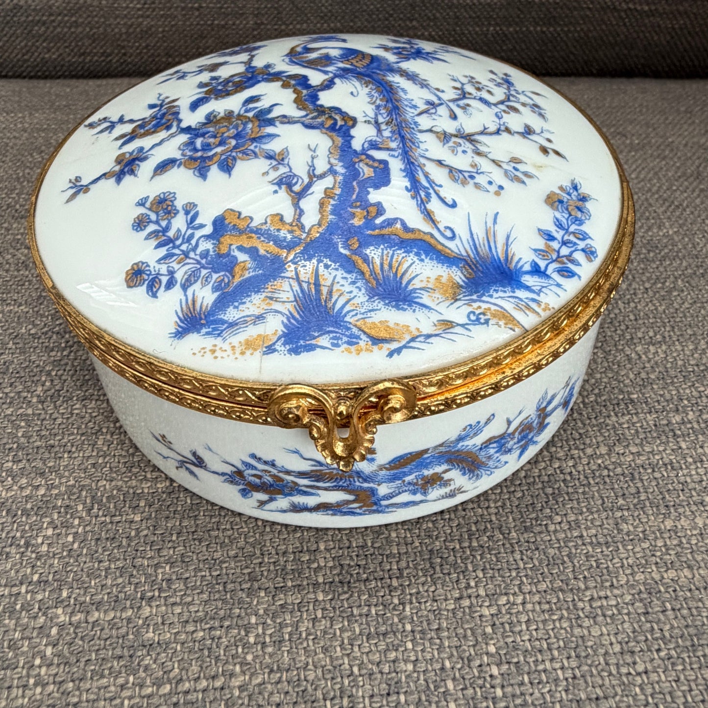 Limoges France Blue, White, Gold Peacock 4" Round Hinged Trinket / Jewelry Box
