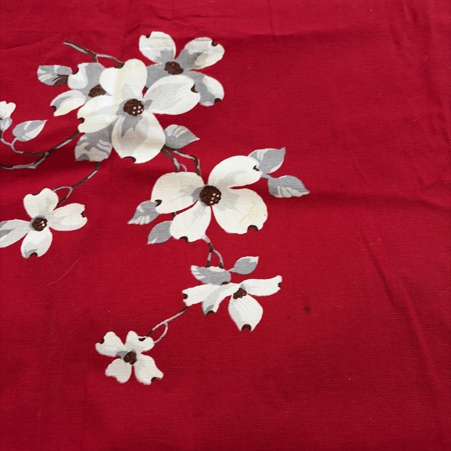 MID Century Vintage Wilendur Tablecloth Red W/ White Dogwood Flowers 53” X 65”
