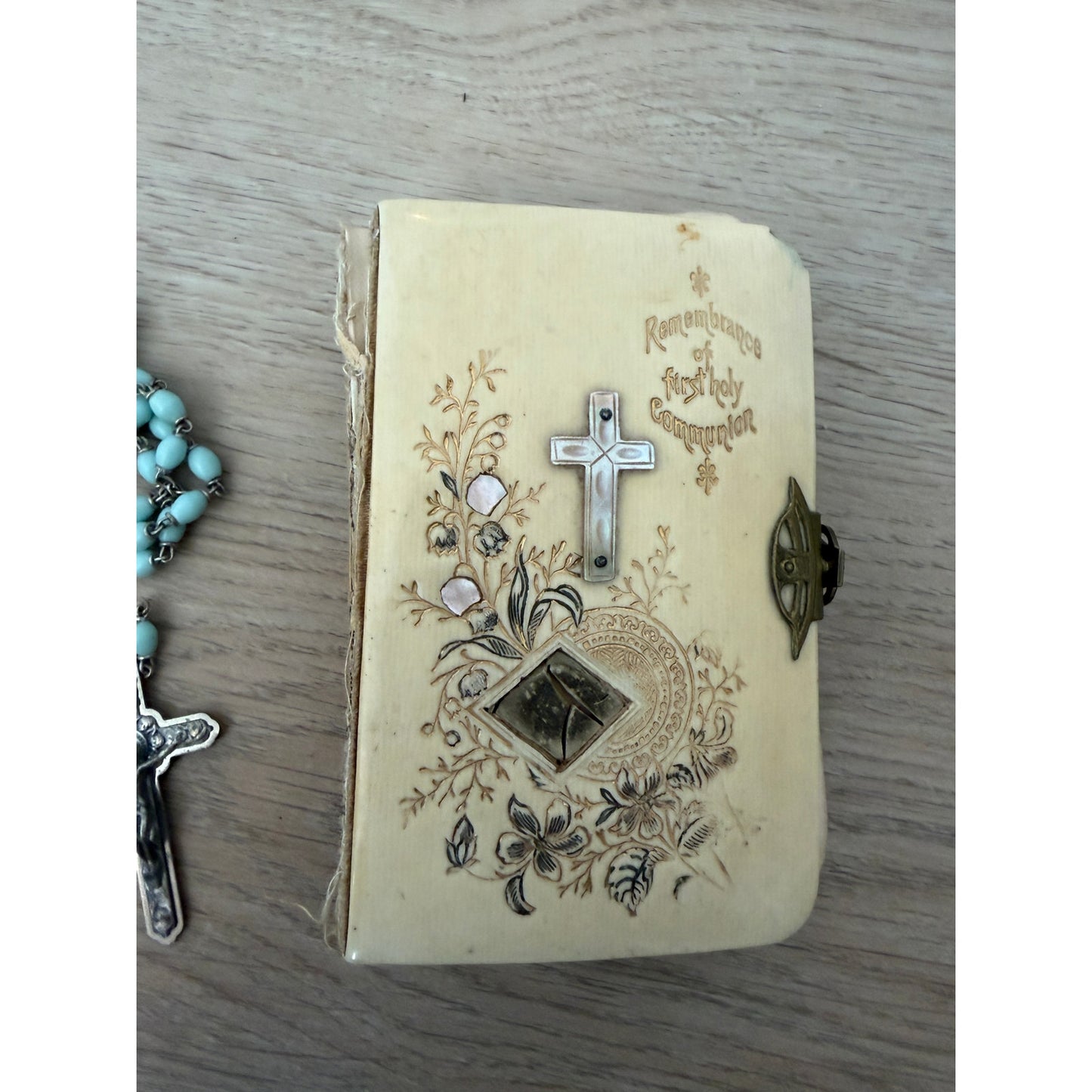 Antique German Remembrance of 1st Holy Communion Prayer Book, Blue Rosary Beads