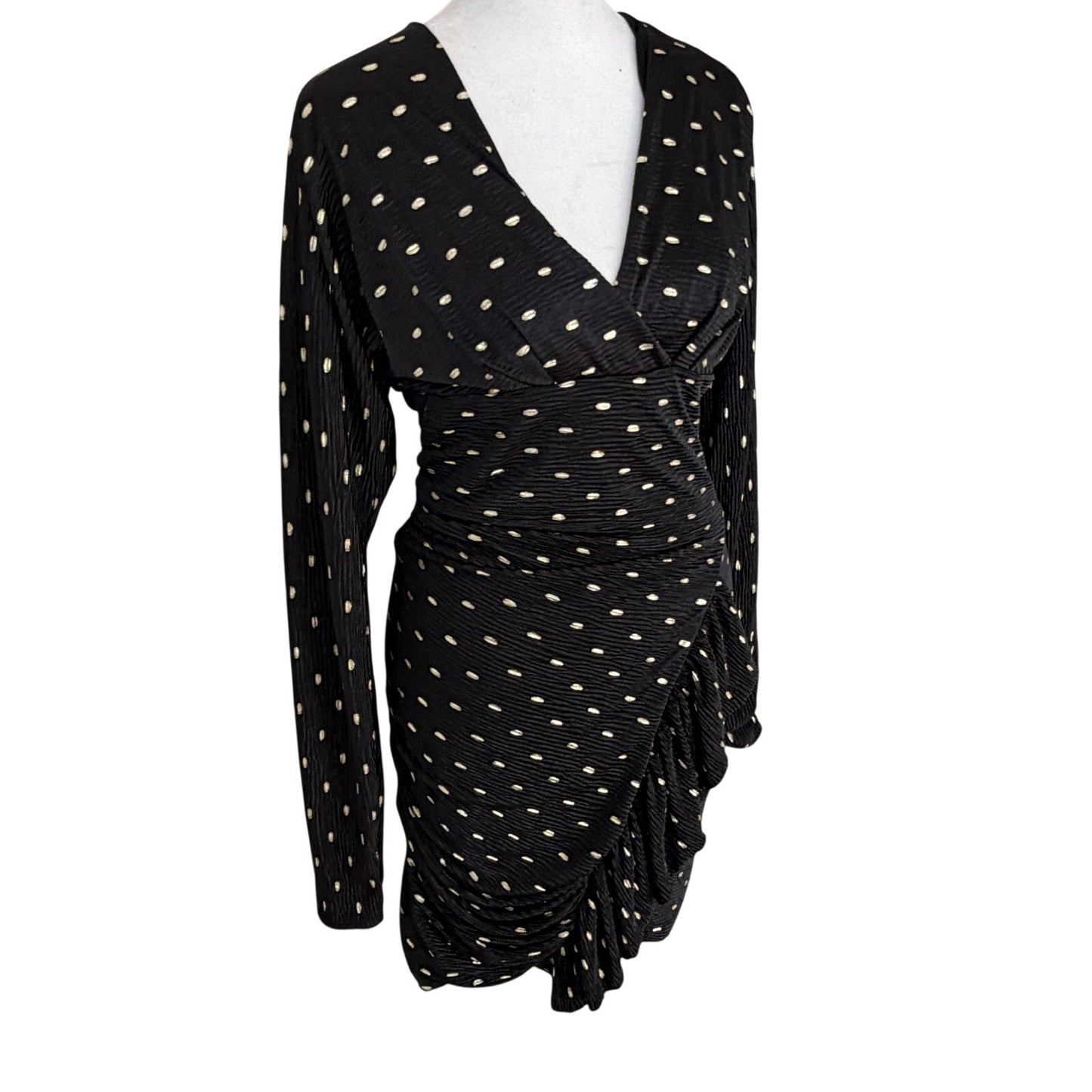 IRO Paris Black and Gold Ruched Long Sleeve V-Neck Dress Womens Size 34 XS