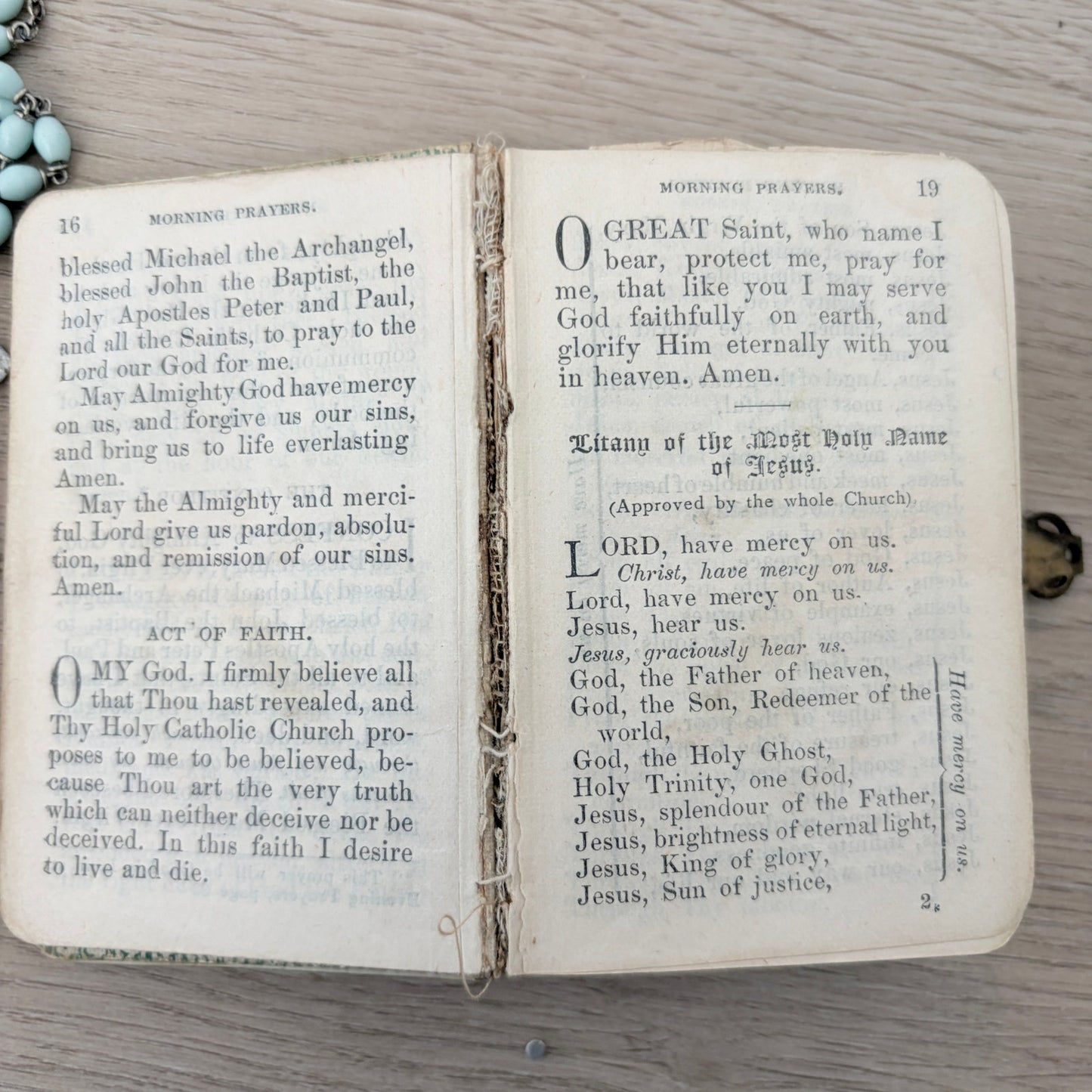 Antique German Remembrance of 1st Holy Communion Prayer Book, Blue Rosary Beads