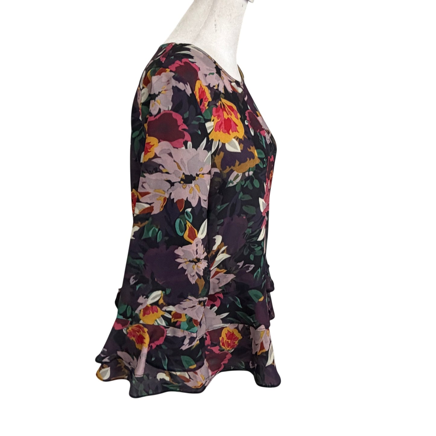 Jade Melody Tam Purple, Green, Pink, Yellow Floral Ruffled Blouse Womens Size XS
