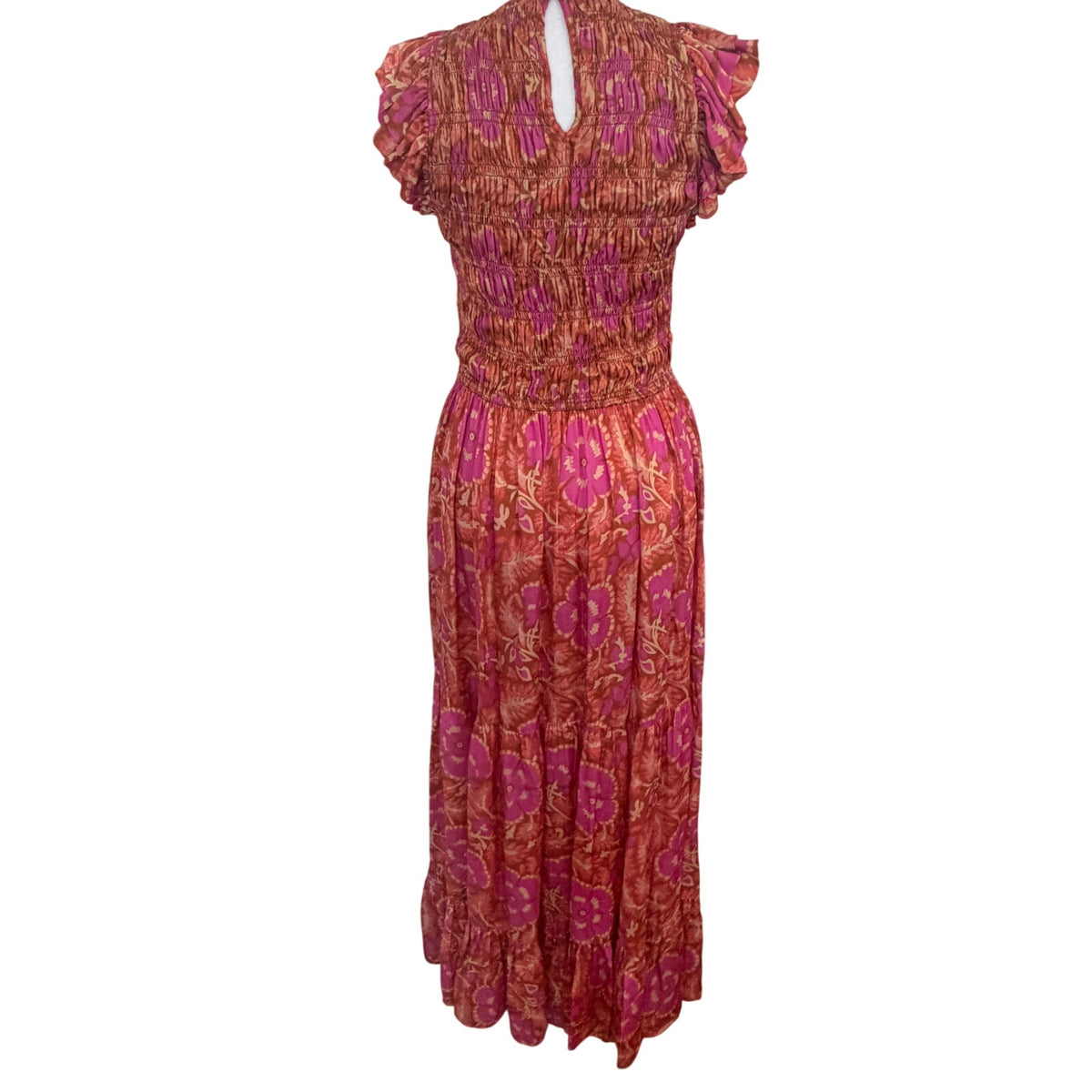 Cleobella Pink, Orange Floral Ruffle Maxi Ankle Dress Womens Size Small