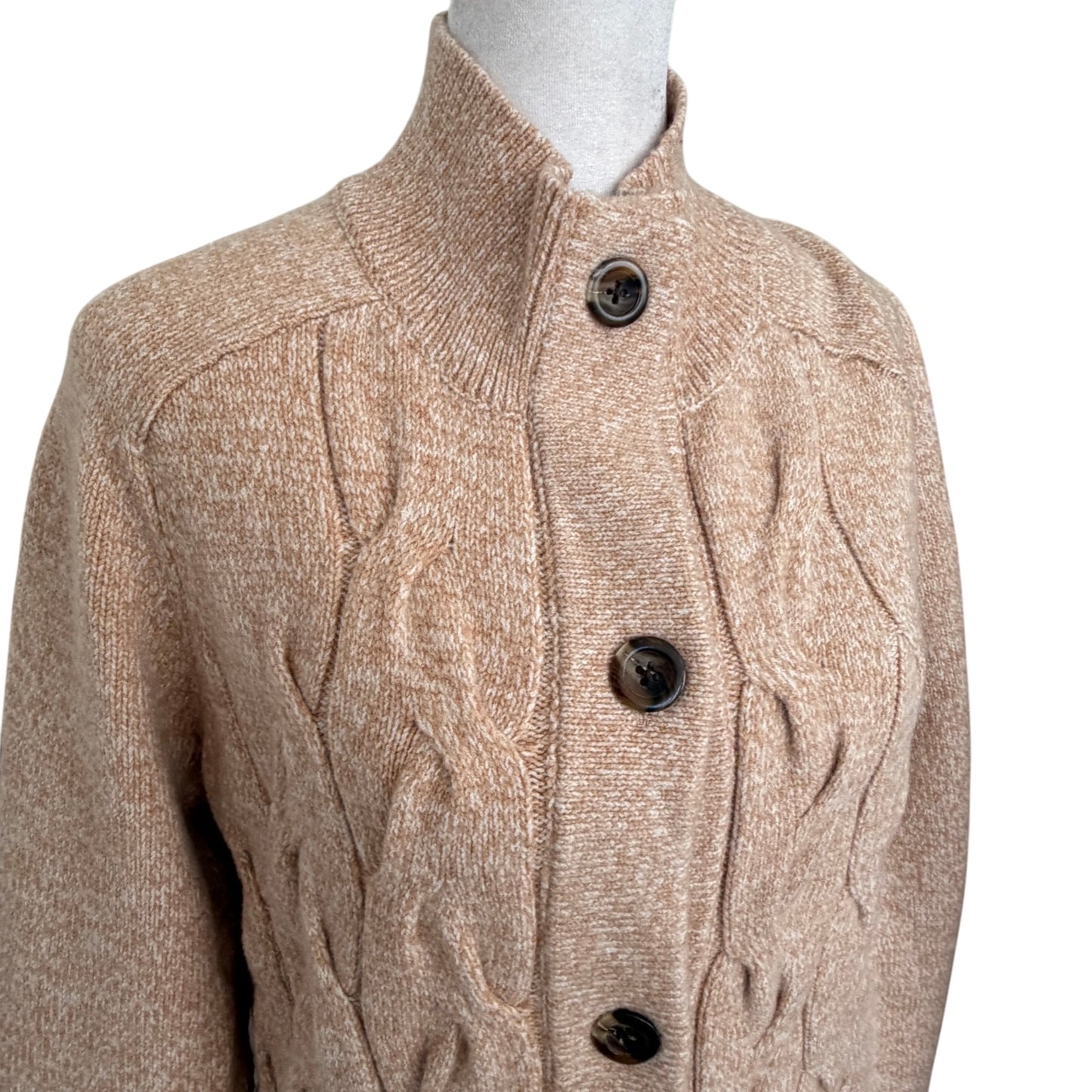 Talbots Tan Full Button Cableknit Cardigan Sweater Womens Size Medium NEW