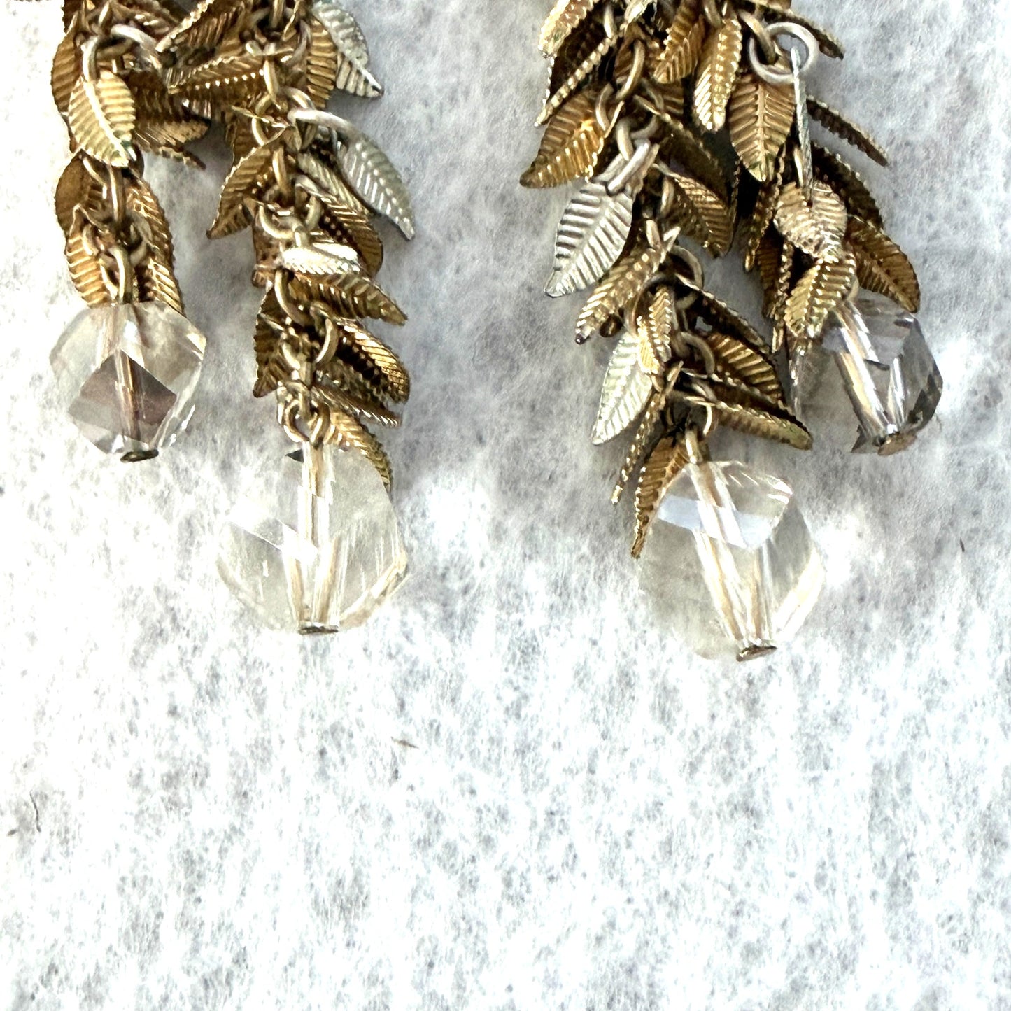 Anthropologie Gold Leaf Dangle Drop Earrings with Crystal Accents