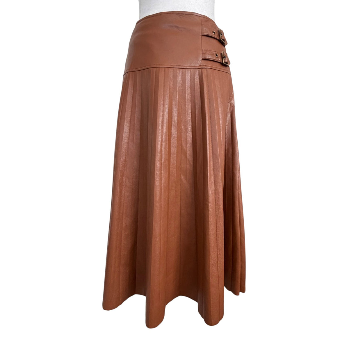Anthropologie Caballero Caramel Brown Faux Leather Pleated Skirt Womens Size XS