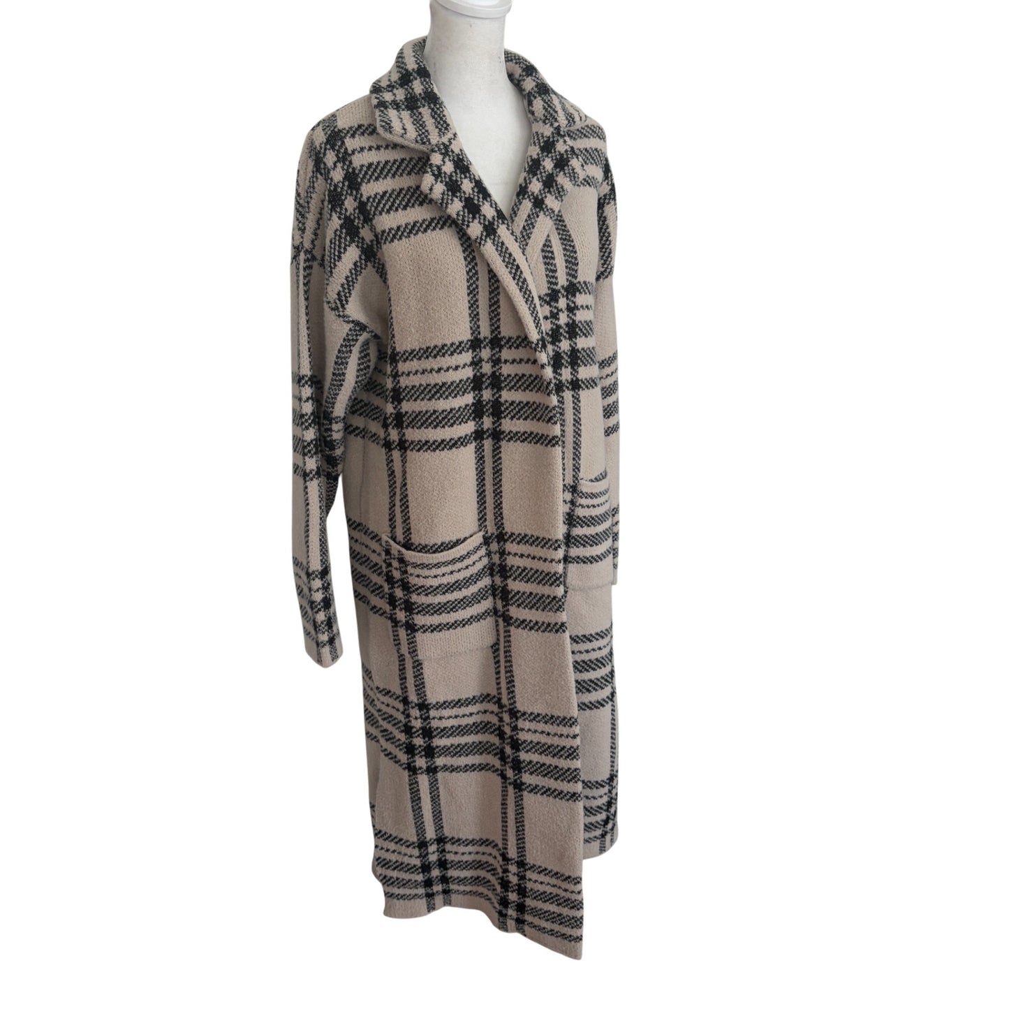 Sincerely Jules Tan and Black Plaid Long Cardigan Jacket Coat Womens Size Small