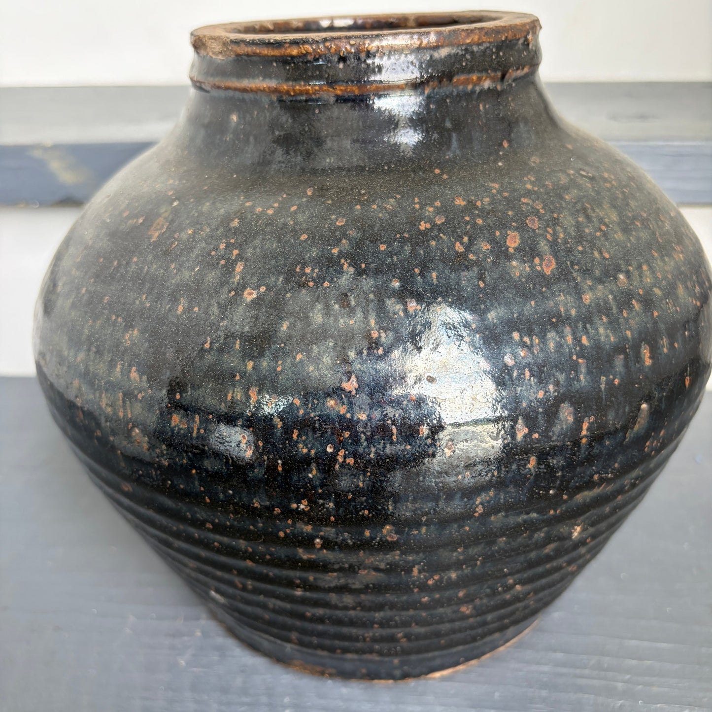 Antique Chinese Ming Large Black Cizhou Vase / Pot  Brown Spots 8" x 11"