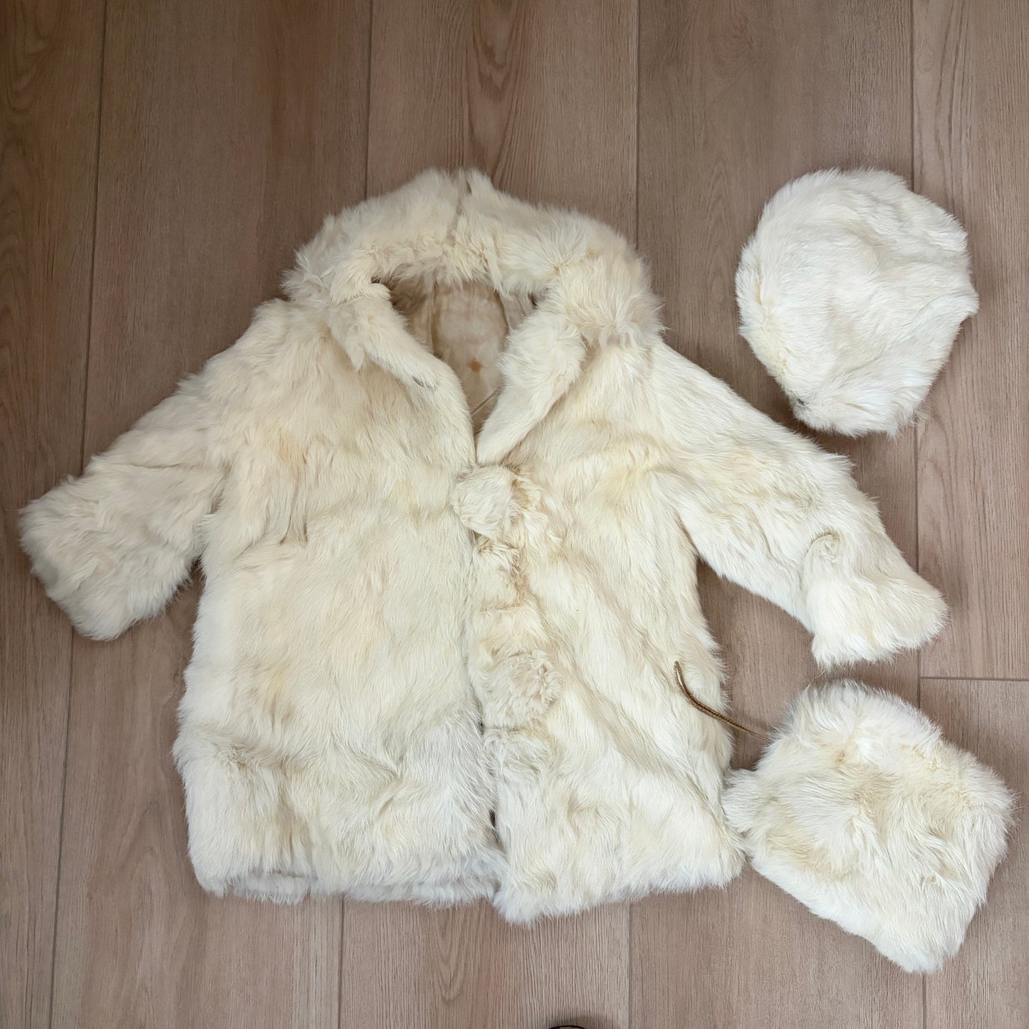 Vintage 1940s White Rabbit Fur Coat, Hat, Muff Girls Toddler