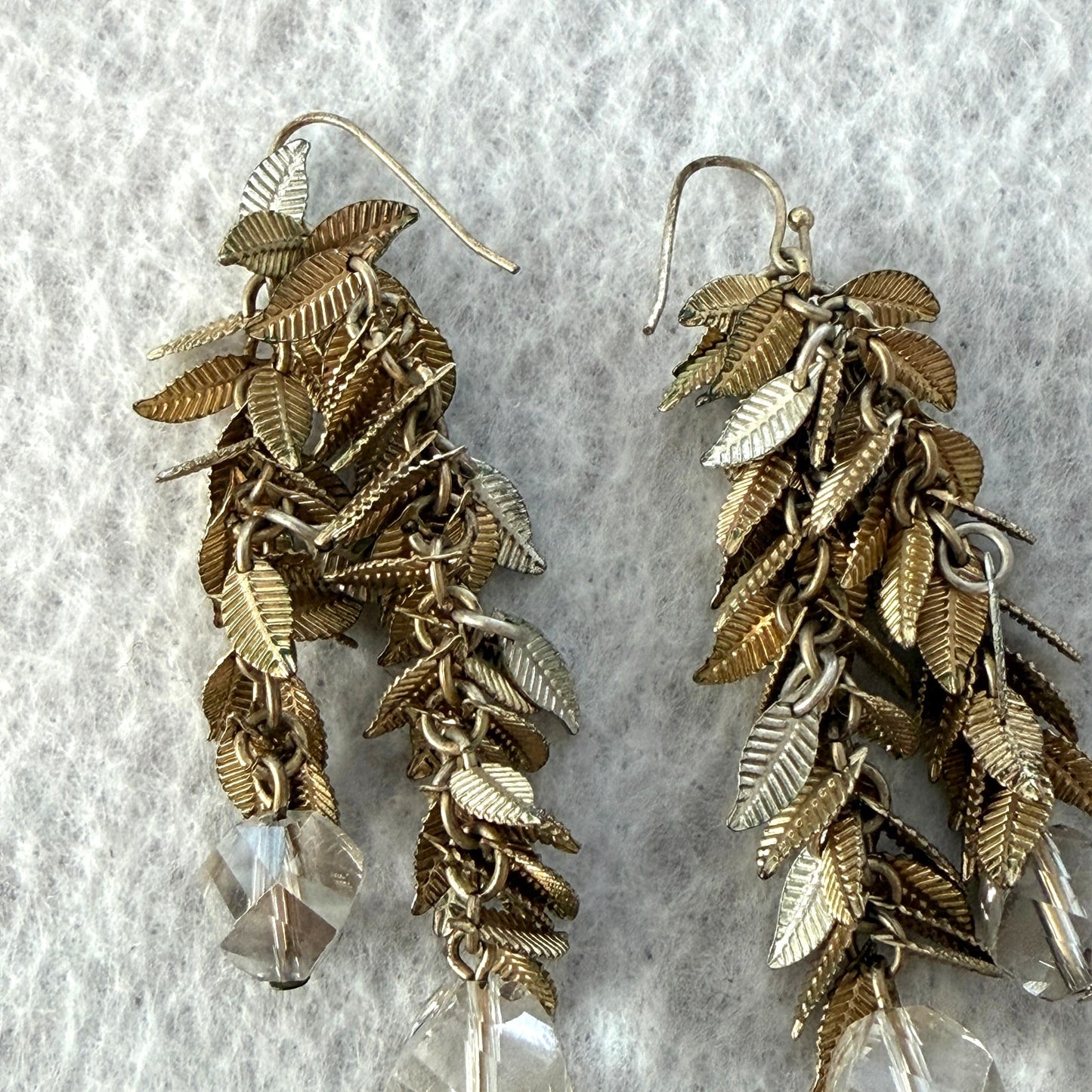 Anthropologie Gold Leaf Dangle Drop Earrings with Crystal Accents