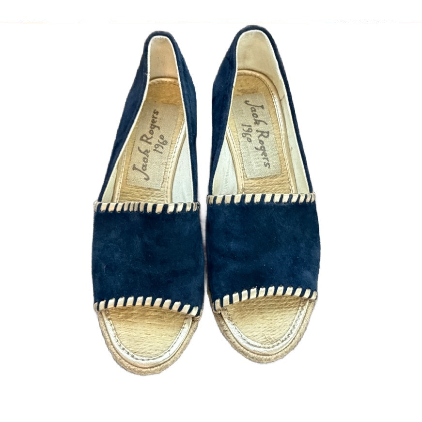 Jack Rogers Naby Blue Suede Gold Trim Open toe Wedge Espadrille Womens Size 7