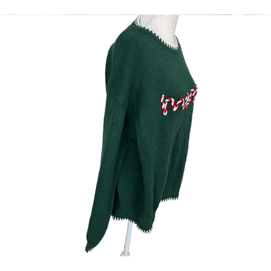 Main Strip Hunter Green Red White Merry Christmas Sweater Womens Size Large NEW