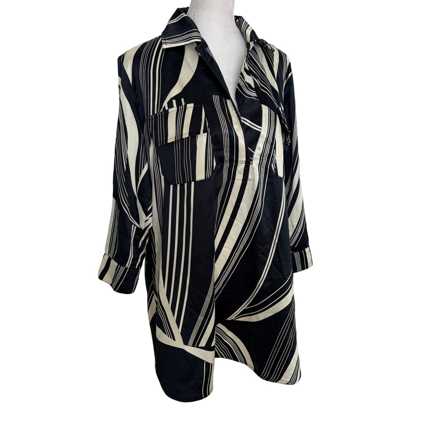 Veronica M. Black, Tan Striped Lagenlook Tunic Blouse Top Womens Size Small