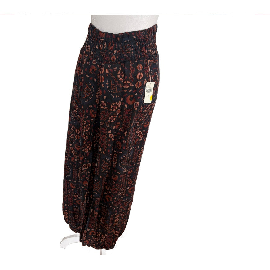 Anthropologie Silky Jogger Black Brown Motif Pants Womens Size Large NEW