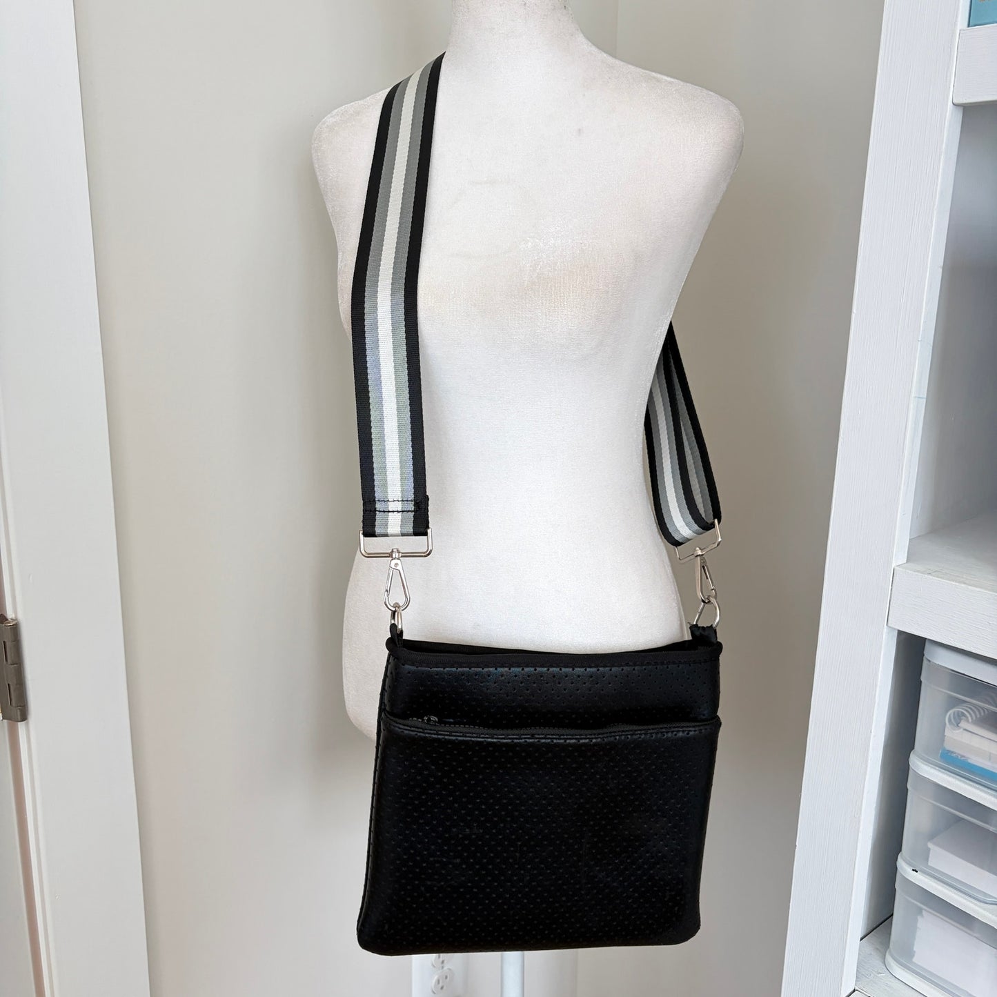 Ahdorned Black Large Pouch Crossbody With Black, White, Gray Woven Strap