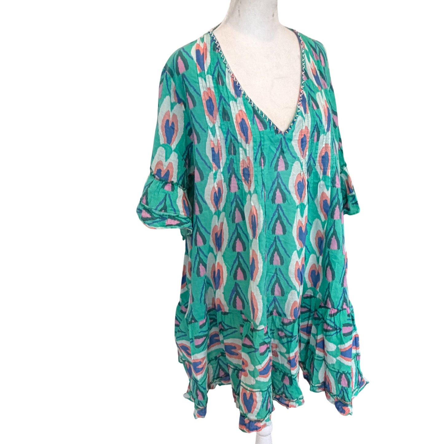 Anthropologie Duet Green Blue Print Dress Coverup Womens Size Large