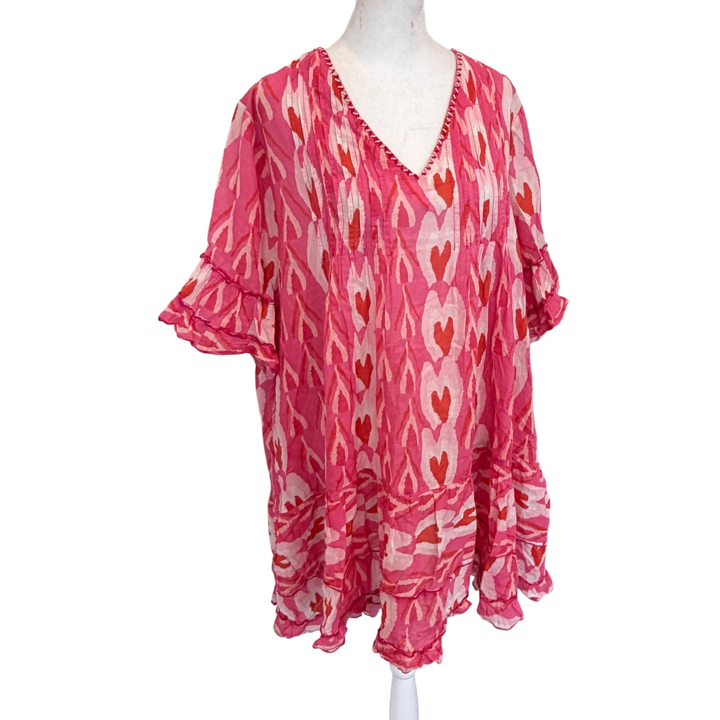 Anthropologie Duet Pink Red Hearts Print Dress Coverup Womens Size Large