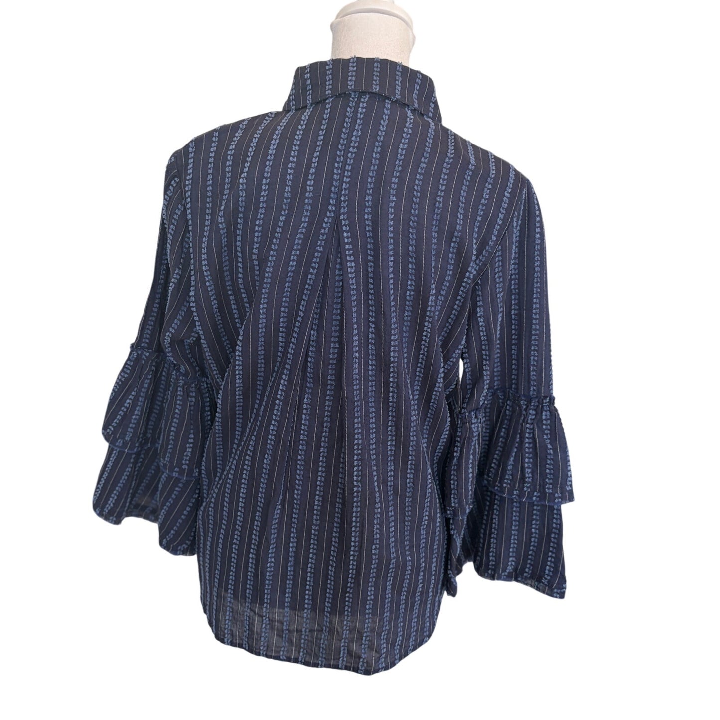 Maven West Navy Blue Pin Striped Bell Sleeve Button Down Shirt Womens Size Small