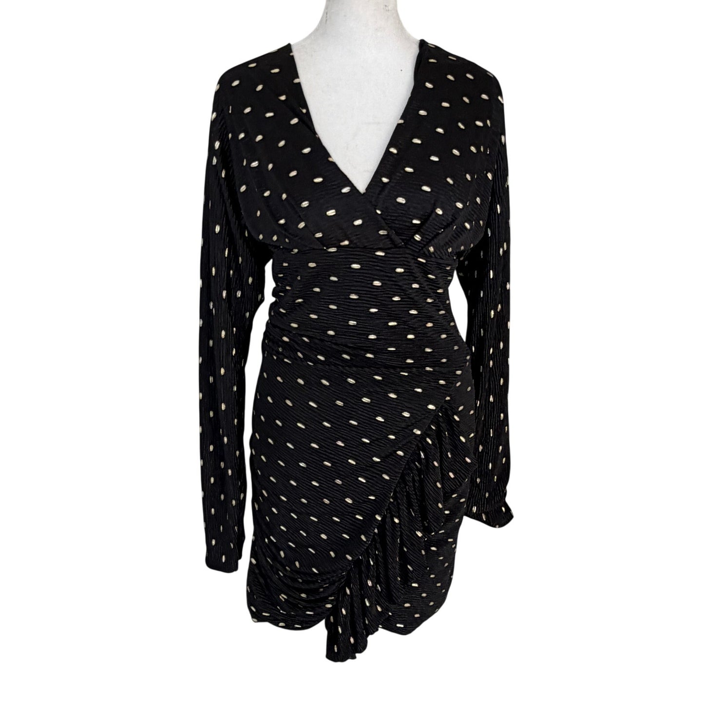 IRO Paris Black and Gold Ruched Long Sleeve V-Neck Dress Womens Size 34 XS