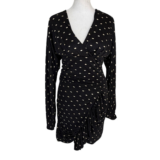 IRO Paris Black and Gold Ruched Long Sleeve V-Neck Dress Womens Size 34 XS