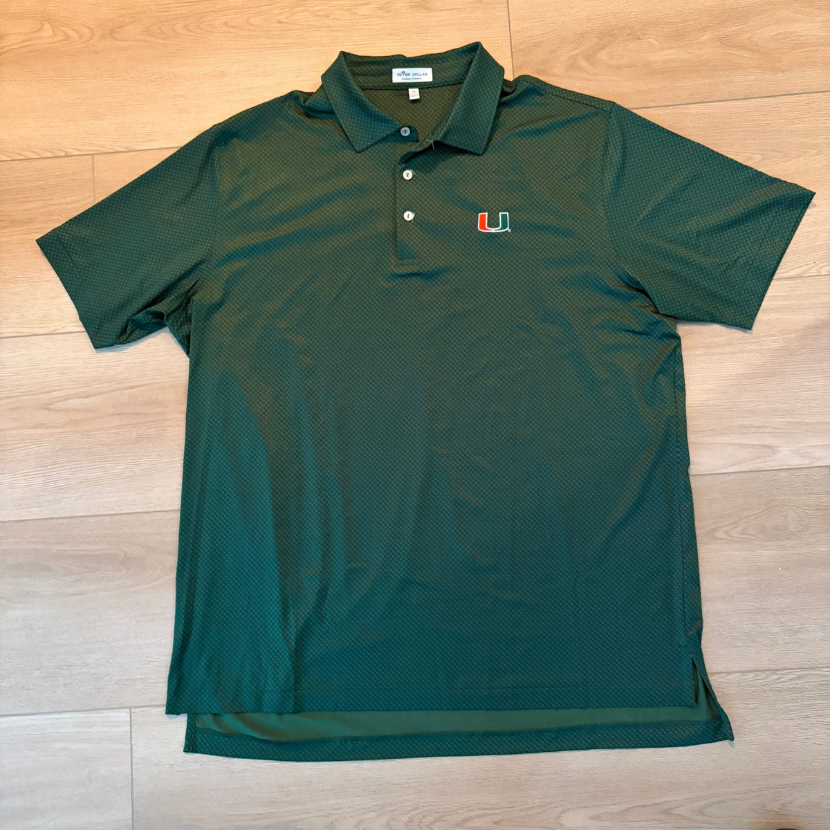 Peter Millar Summer Comfort Green University of Miami Polo Shirt Mens Size XL