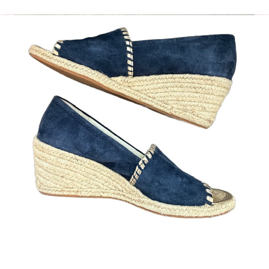 Jack Rogers Naby Blue Suede Gold Trim Open toe Wedge Espadrille Womens Size 7