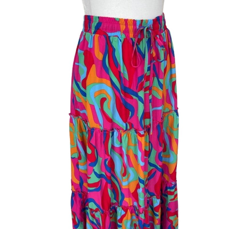 Pink, Blue, Green, Orange, Red Patterned BohoTiered Maxi Skirt Womens Size Small