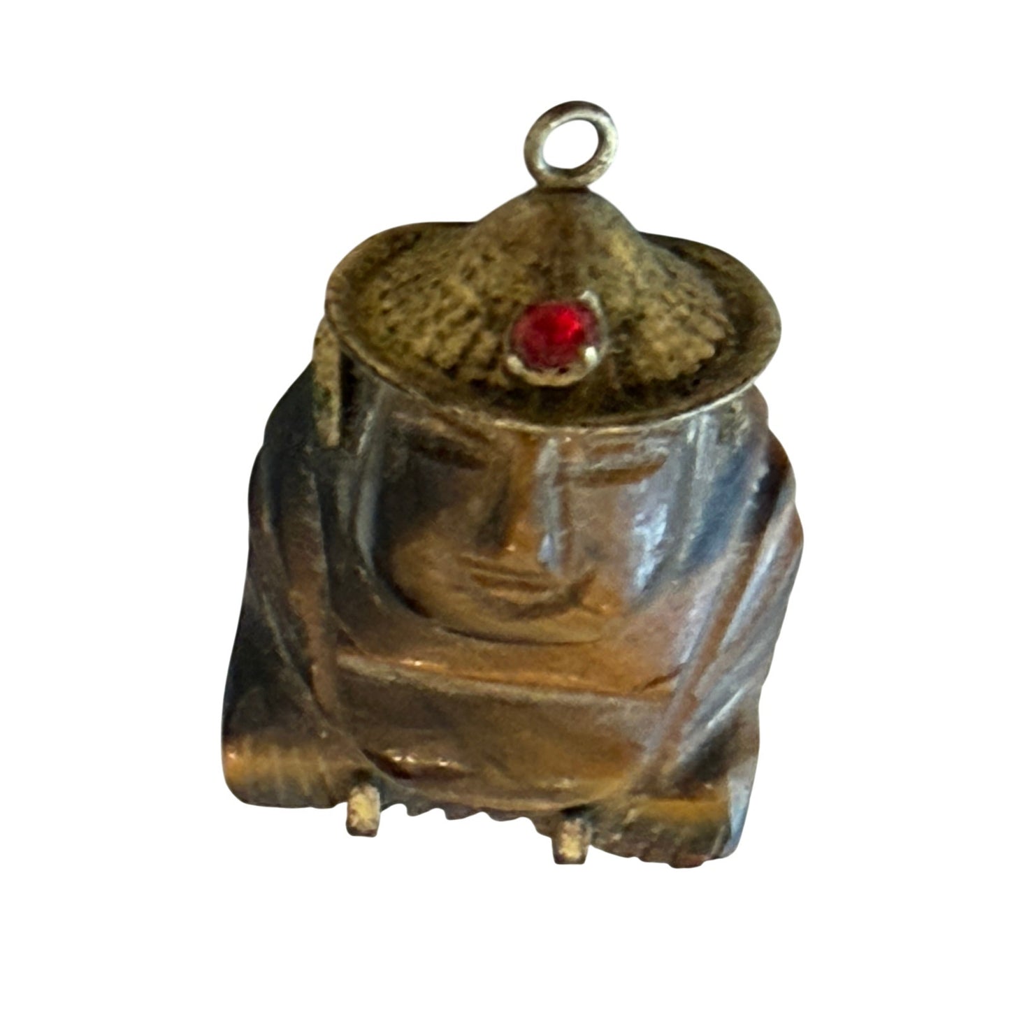 Vintage Asian Tiger's Eye Hand Carved Buddha Charm Pendant 14 K Gold, Ruby Stone