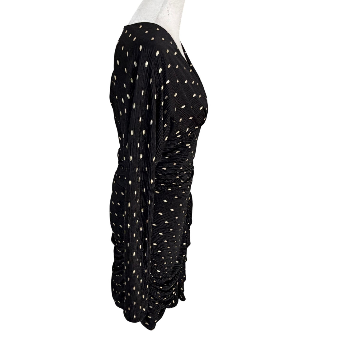 IRO Paris Black and Gold Ruched Long Sleeve V-Neck Dress Womens Size 34 XS