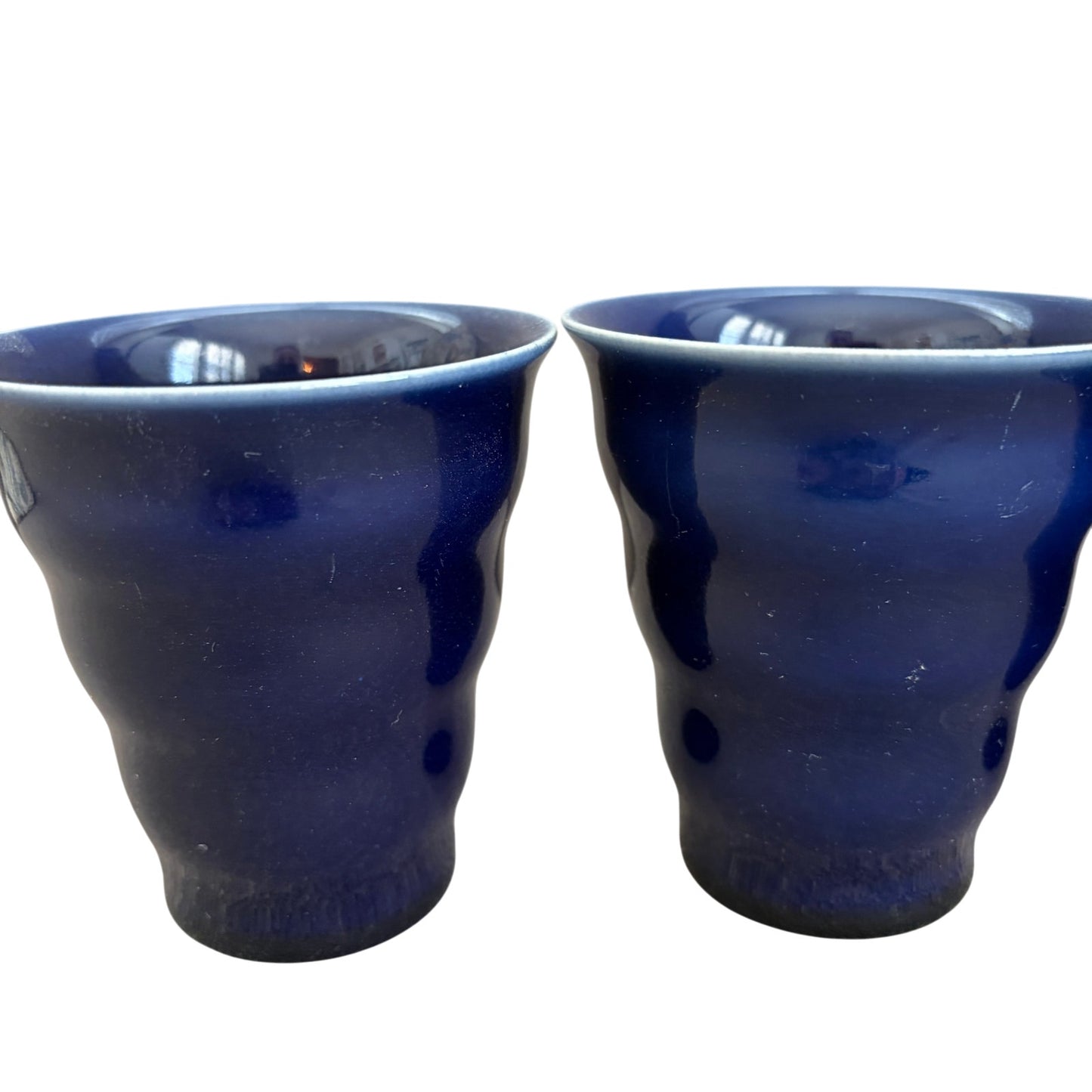 LOT 4 Boda Nova Sweden Blue Ribbed Tapered Ceramic Drinking Glasses 4" Tall 90s