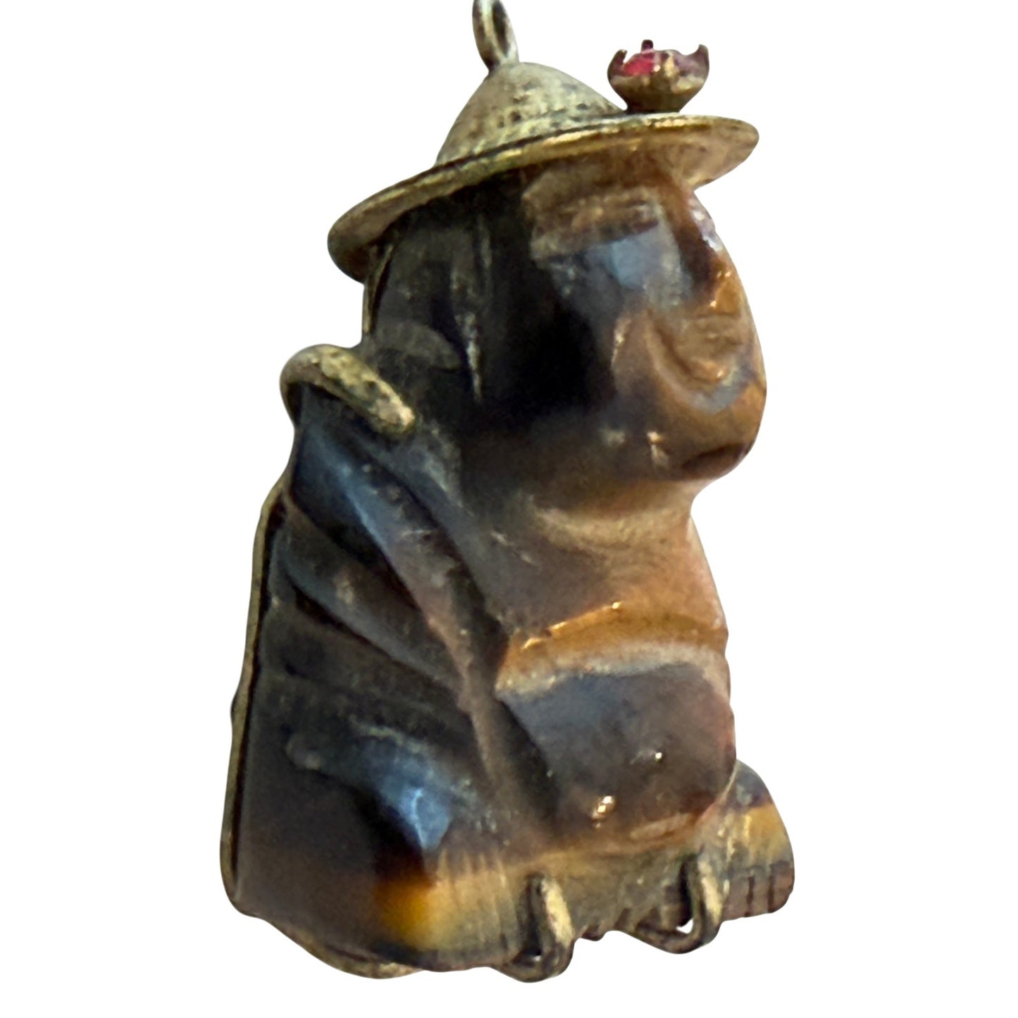 Vintage Asian Tiger's Eye Hand Carved Buddha Charm Pendant 14 K Gold, Ruby Stone