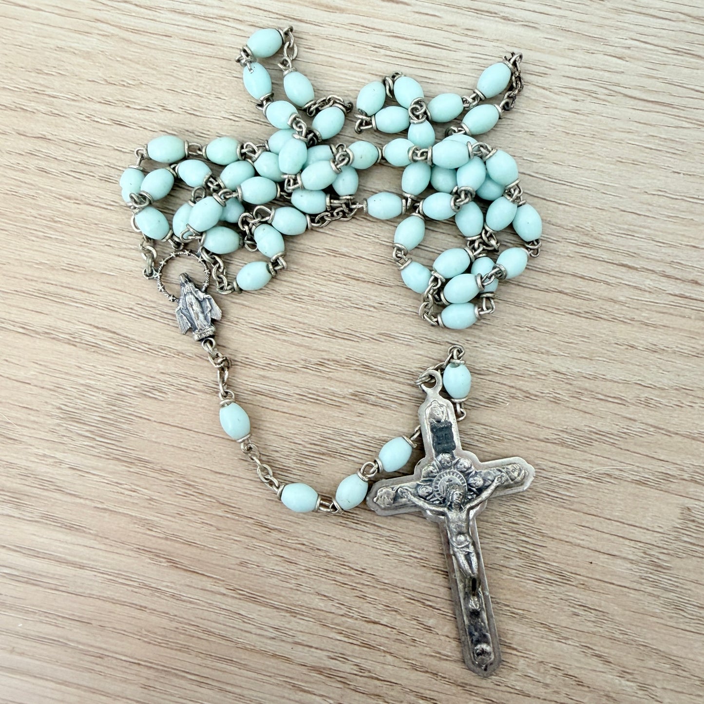 Antique German Remembrance of 1st Holy Communion Prayer Book, Blue Rosary Beads