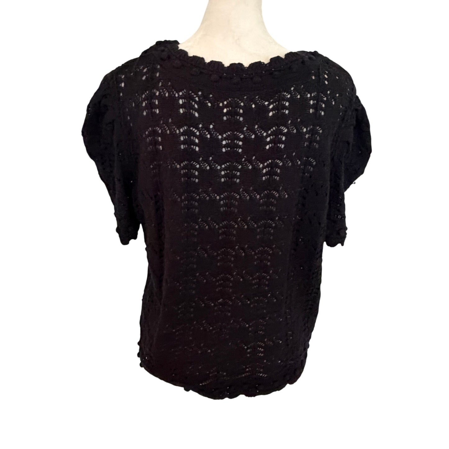 Anthropologie Black Crochet Short Sleeve Scalloped Sweater Women Size XL Petite
