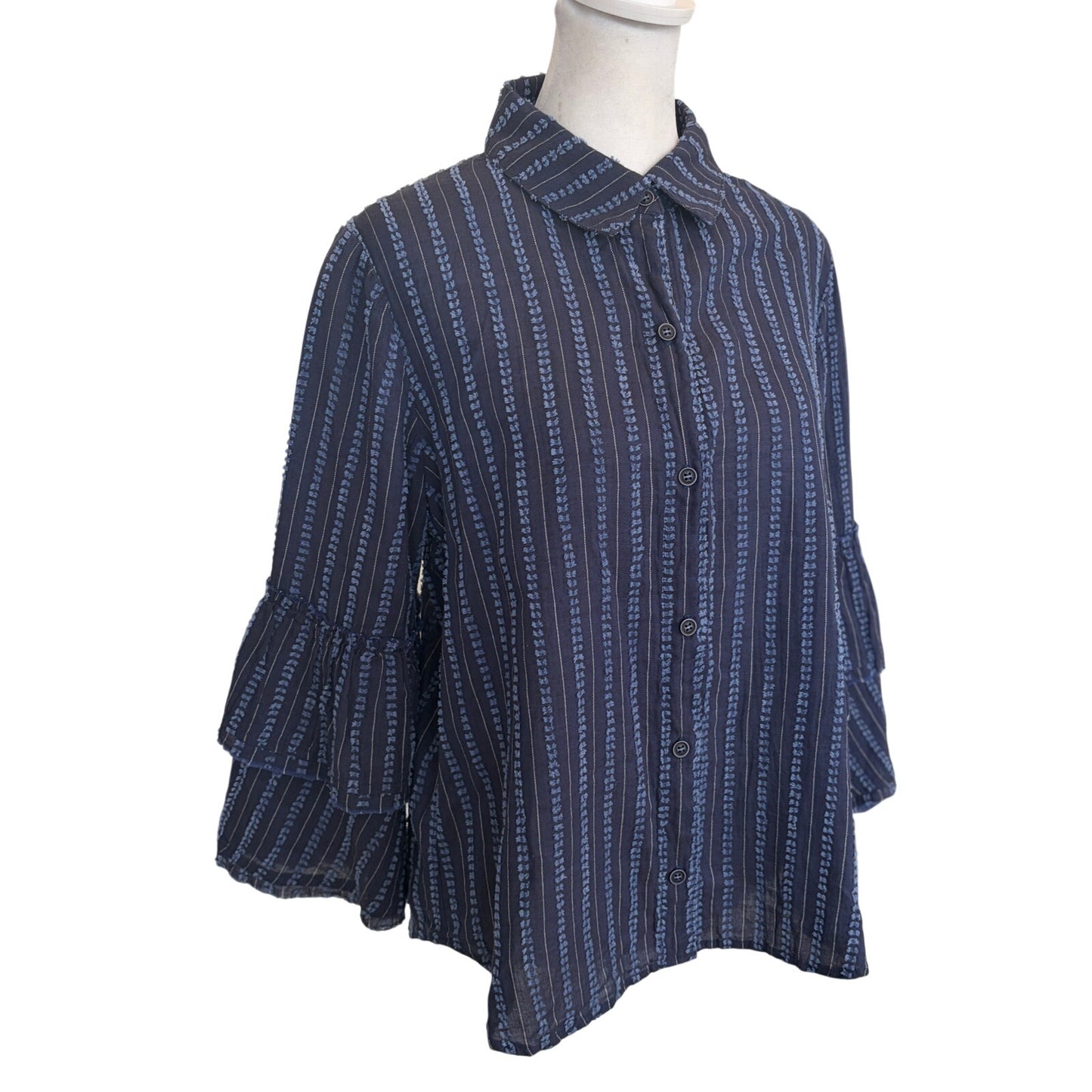 Maven West Navy Blue Pin Striped Bell Sleeve Button Down Shirt Womens Size Small