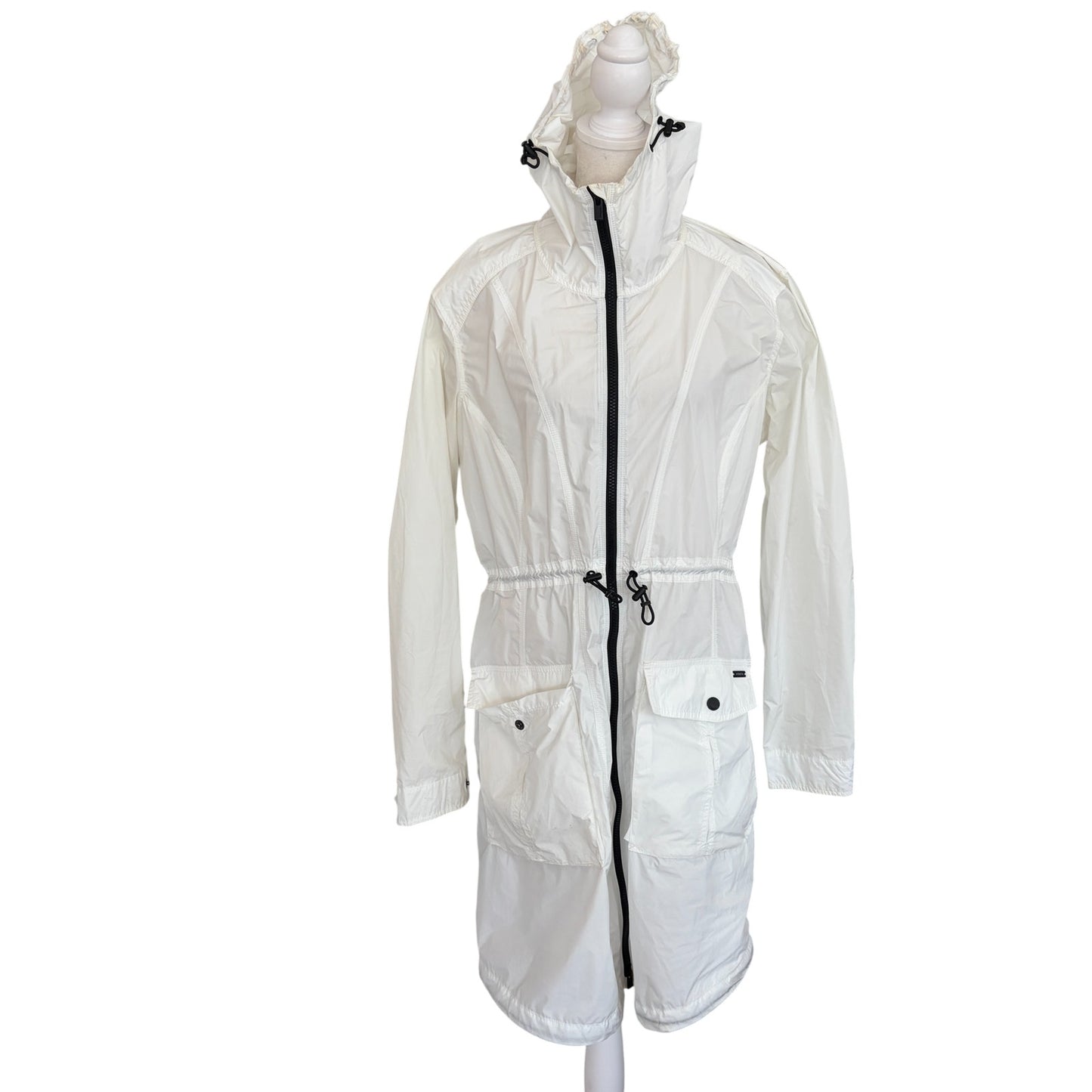 Athleta Hooded Full Zip Cinch Waist White Long Rain Jacket Womens Size Medium
