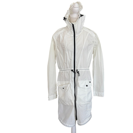 Athleta Hooded Full Zip Cinch Waist White Long Rain Jacket Womens Size Medium